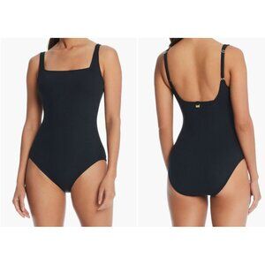 Bleu Rob Beattie Black Ribbed Walk The Line Square Neck One-Piece Swimsuit Sz 8